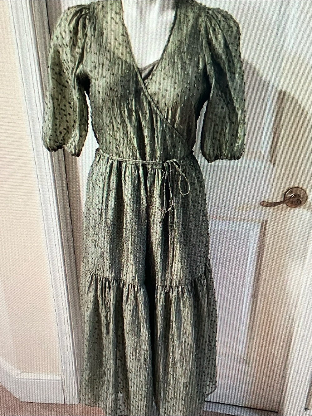 Just Female Olive Green Dotted Wrap Midi Dress with Puff Sleeves